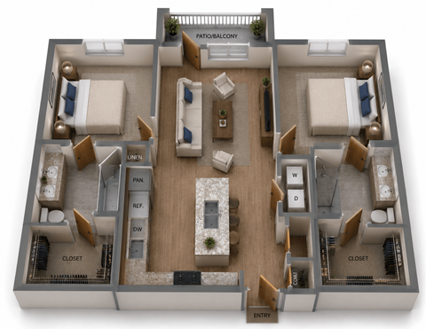 Floor plan for 2 beds, 2 baths, 1119 sqft